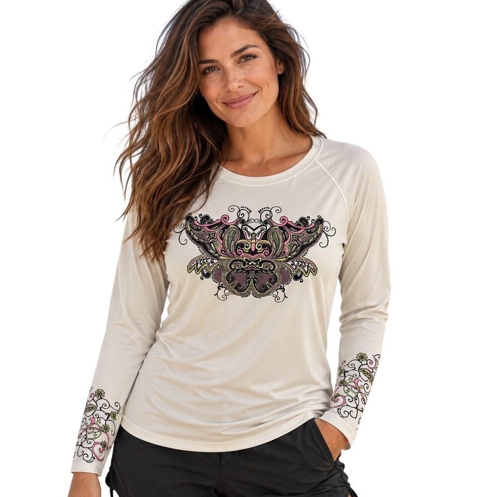 Athleta Butterfly Rash Guard Womens Large White Swim Shirt Beach Surf UPF 50+